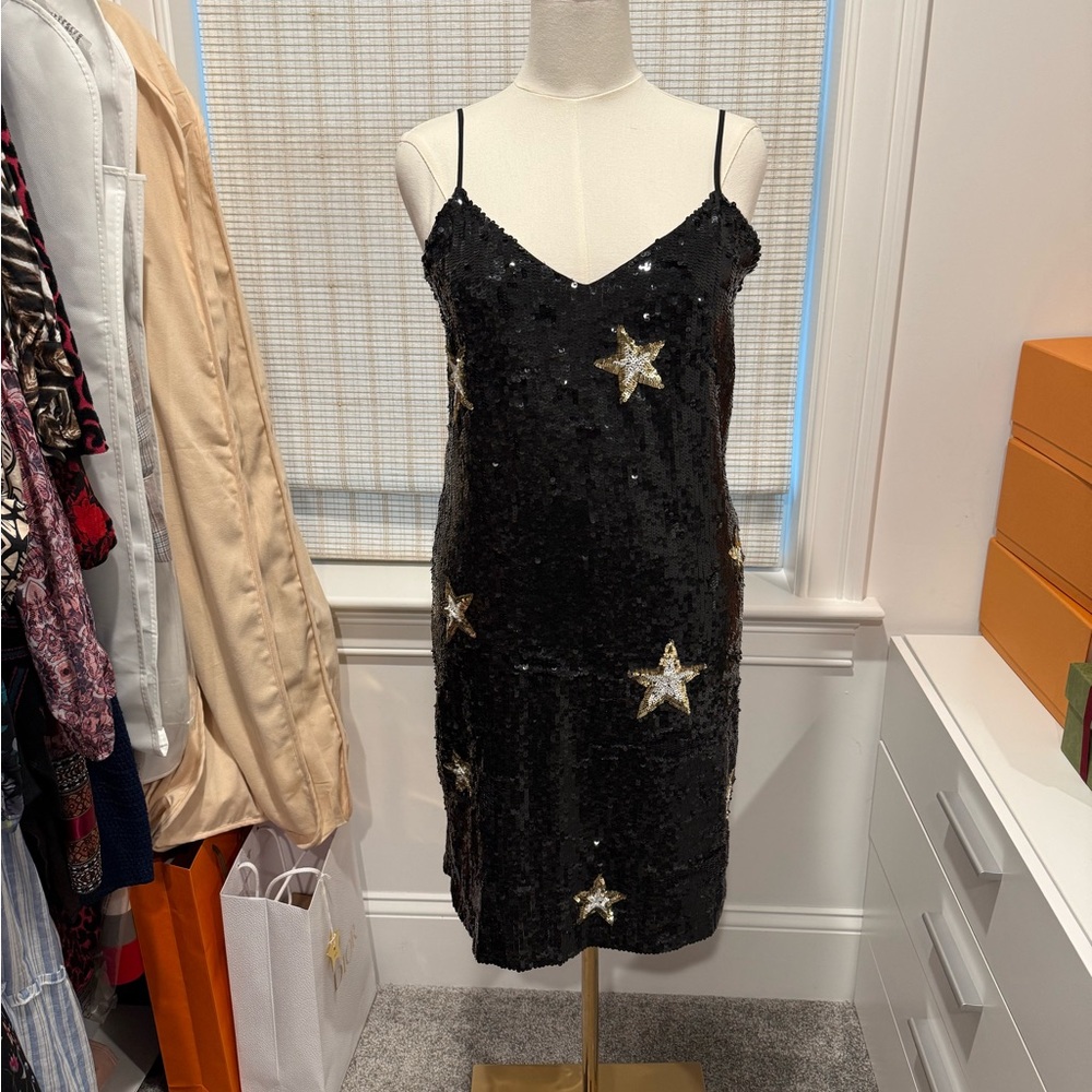 L'AGENCE NWT Black Sequin Dress with Gold Stars Size M